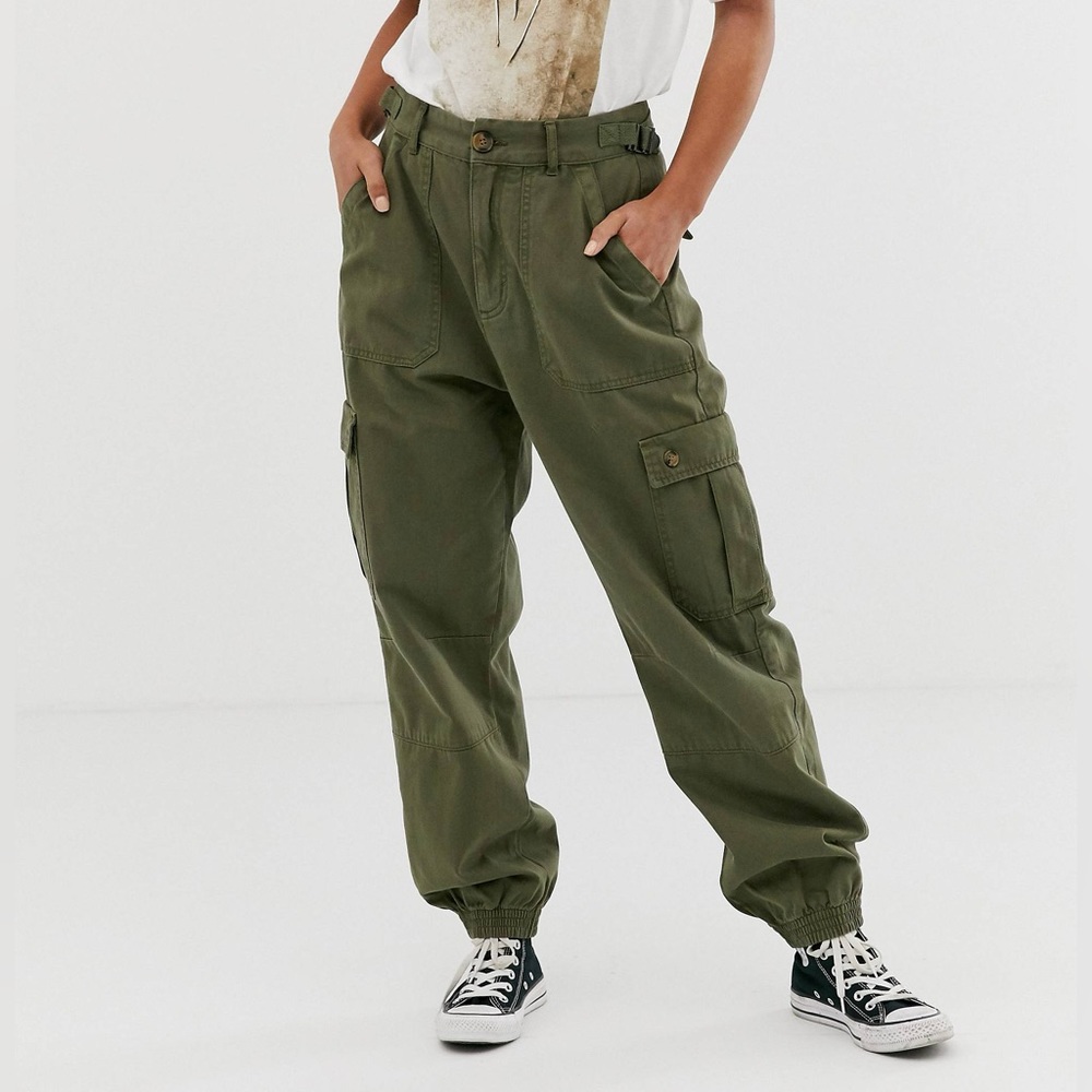 PULL AND BEAR fasten tab cargo pants in khaki